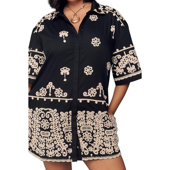 Maeve by Anthropologie Embroidered Collared Shirt Mini Dress Black/Cream – XXS - Picture 3 of 10